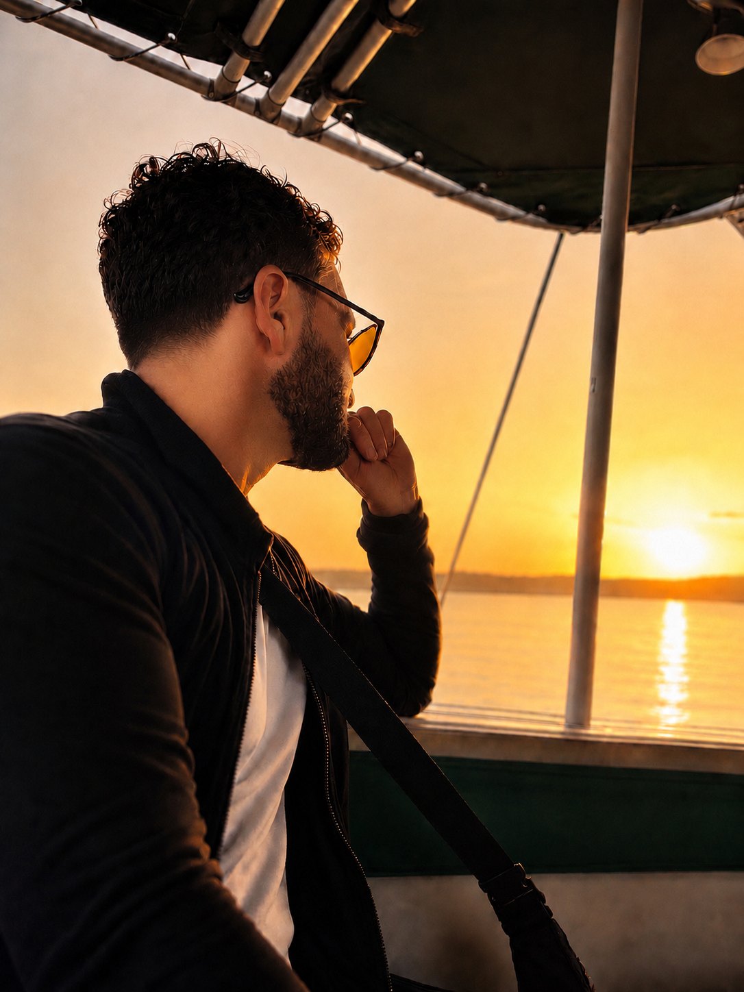 Bülent on a boat, looking out over the water at sunset